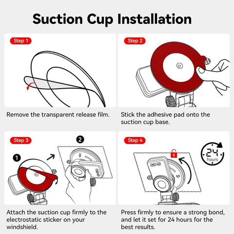Suction Mount For F7N Series Dash Cam With Built In GPS Module installation steps with adhesive pads and electrostatic stickers.