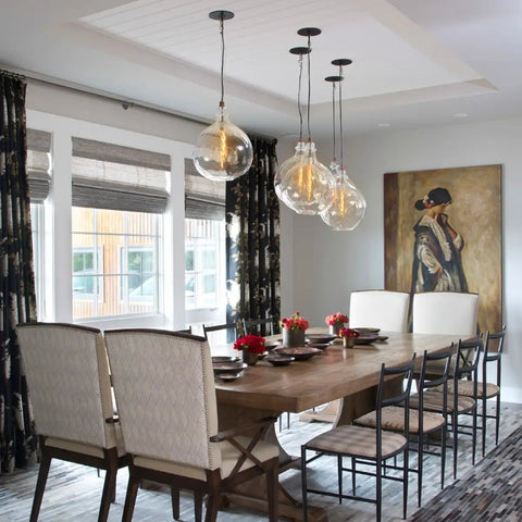 Dining room with T10 LED Long Bulbs 4W Dimmable Tubular Filament Bulbs, 40W Equivalent, vintage pendant lights hanging above table