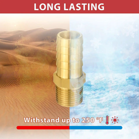 Super Tough Brass Hose Barb Connectors One Inch Barb Meets Three Quarter Male Npt Threads withstanding high temperatures.