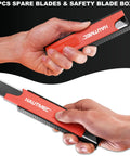 Heavy Duty Utility Knife Set 25mm Retractable Box Cutter With Auto Lock 11 Replacement Blades Snap Off Blade Cable Slot And Non Slip Ergonomic Grip For Warehouse Pros And DIYers, held in hand