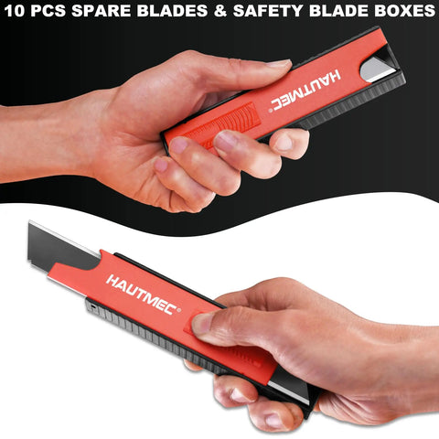Heavy Duty Utility Knife Set 25mm Retractable Box Cutter With Auto Lock 11 Replacement Blades Snap Off Blade Cable Slot And Non Slip Ergonomic Grip For Warehouse Pros And DIYers, held in hand
