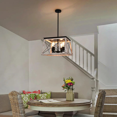 4-Light Industrial Rustic Farmhouse Pendant Light In White Rectangular Frame With Height Adjustable Rods over dining table