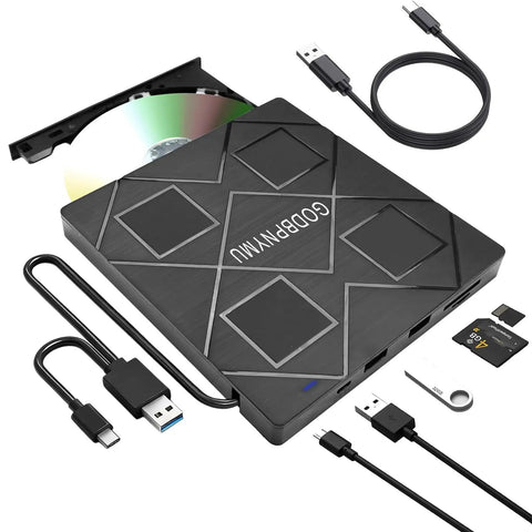 5 In 1 External CD DVD Drive For Laptop With USB 3 Type C No Fuss Plug And Play Portable CD DVD RW Burner Plus SD And TF Card Reader DVD ROM Rewriter Compatible With Windows Mac Linux, with cables and card reader