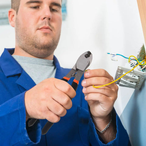 Dang Tough Lightweight Wire Strippers And Cutting Pliers Featuring Slick Ergonomic Rubber Grips and Rock Solid Steel Build For Seasoned Trade Electricians And Contractors in use by electrician.