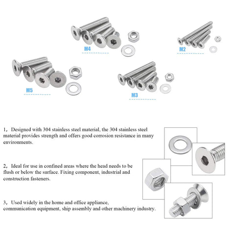Heavy Duty 1220 Piece Metric Fastener Kit Featuring 304 Stainless Steel Hex Flat Head Cap Bolts Screws Nuts Washers With Wrenches Assortment, M2-M5 hex bolts and washers.