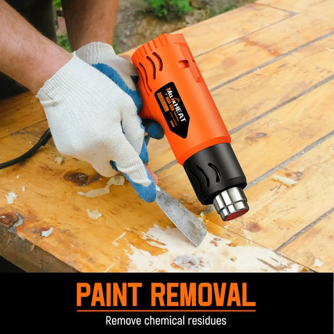 Newly Upgraded Heat Gun With Cool Mode 100F To 1200F, 1800W Heavy Duty Hot Air Tool for paint removal on wood surface.