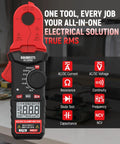 Round Jaw Digital Clamp Meter With NCV And 2000 Counts, red clamp, black body, displays functions for AC/DC current and voltage.
