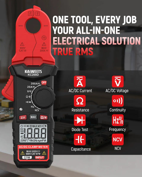 Round Jaw Digital Clamp Meter With NCV And 2000 Counts, red clamp, black body, displays functions for AC/DC current and voltage.