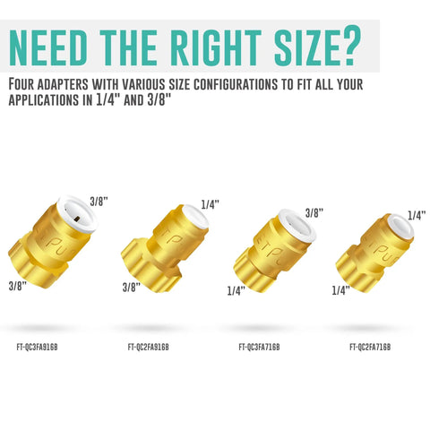Image of four Quarter Inch To Three Eighths Inch Female Threaded Compression Reducing Adapter Lead Free Brass With Leak Free Seal For Water Filtration RO Systems Ice Makers Five Pack Easy Install DIY Friendly, showing different sizes.