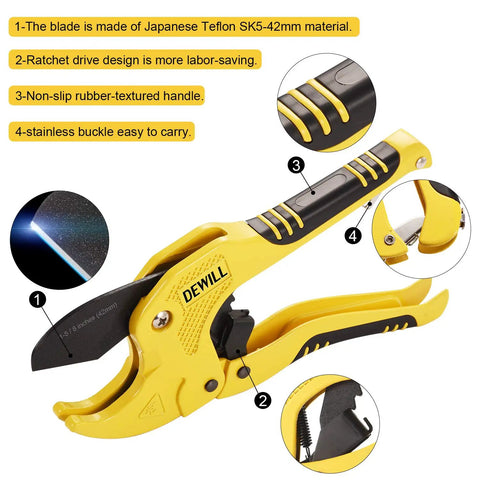 One Hand Ratcheting Pipe Cutter For PVC And PPR, Cuts Up To One And Five Eighths Inch Fast With Smooth Auto Lock, Ergonomic Design For Home DIY And Professional Plumbers, Heavy Duty Tubing Cutter For Hoses And Pipes