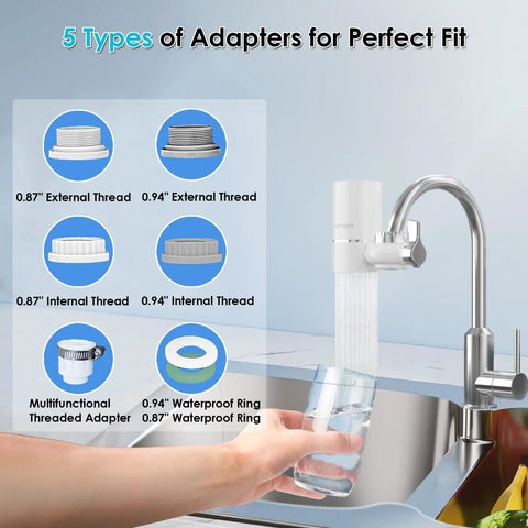 Hand filling glass with Faucet Mount Water Filter for Sink With Rapid Flow 400 Gallon Capacity Tap Water Filtration System NSF Certified Reduces Chlorine and Bad Taste Includes One Replacement Filter Fits Standard Faucets Not For Pullout or Spray, showing adapter types.