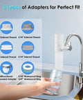 5 adapter types for Rapid Flow Faucet Water Filter For Sink, 400 Gallons, NSF Certified, easy mount on standard faucets