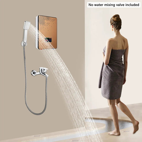 Electric Tankless Water Heater 110V 4500W delivers straight fire hot water with rapid heating in sleek gold finish.