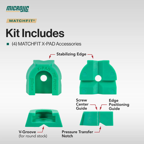 Matchfit X Pad Accessory For Dovetail Clamps Four Piece Set dual-direction hold-down parts with V-groove, green plastic
