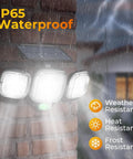 Ultra Bright Solar Motion Sensor Outdoor Lights With Remote 3 Modes LED Security Flood Light IP65 Waterproof mounted on wall