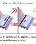 Image showing correct and incorrect card placement in Slim RFID Blocking Card Holder Wallet Organizer Case With Magnetic Closure In PU Leather Vertical Rose Gold 20 Card Slots 10 Double Sided And 7 Small Memory Card Pockets For Memory Cards
