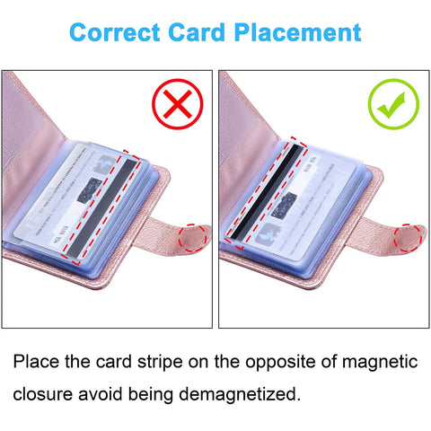 Image showing correct and incorrect card placement in Slim RFID Blocking Card Holder Wallet Organizer Case With Magnetic Closure In PU Leather Vertical Rose Gold 20 Card Slots 10 Double Sided And 7 Small Memory Card Pockets For Memory Cards
