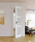 24x80 Glass Door Slab For Interior Rooms, Modern French Style Door Panel, installed in a living room, CARB P2 MDF, frosted glass