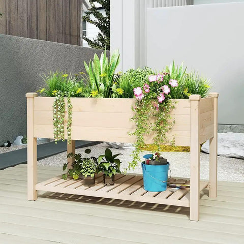 Outdoor Wood Raised Garden Bed With Elevated Planter Box And Storage Shelf, Spacious 48 Inch Long Garden Bed For Vegetables And Flowers