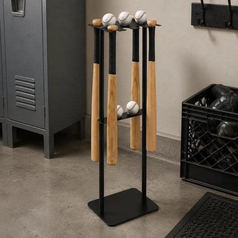 Heavy Duty Baseball Bat Stand With Badass Iron Frame Hella Tough Sports Equipment Rack For Game Room Gear Organizer And Electroplated Bat Display Holder Easy Setup with bats and baseballs.