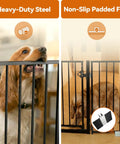 Extra Wide 60 Inch Free Standing Dog Gate For Home Doorways Rock Solid Metal Pet Fence With Double Lock and Walk Through Door. Heavy-duty steel with non-slip padded feet.
