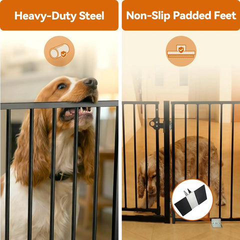 Extra Wide 60 Inch Free Standing Dog Gate For Home Doorways Rock Solid Metal Pet Fence With Double Lock and Walk Through Door. Heavy-duty steel with non-slip padded feet.