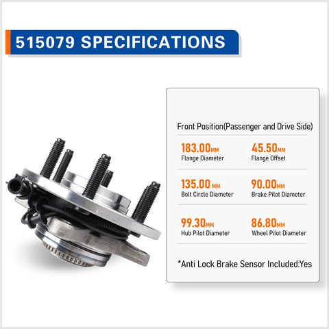 Specifications for Front Wheel Hub Bearing Assembly For 4WD Ford F150 2004 2008 And Lincoln Mark LT 2006 2008 6 Lug With ABS