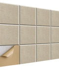 Premium Square Acoustic Panels Self Adhesive 12 Pack Sound Absorbing Wall Tiles High Density Polyester Fiber on wall, showing adhesive back.