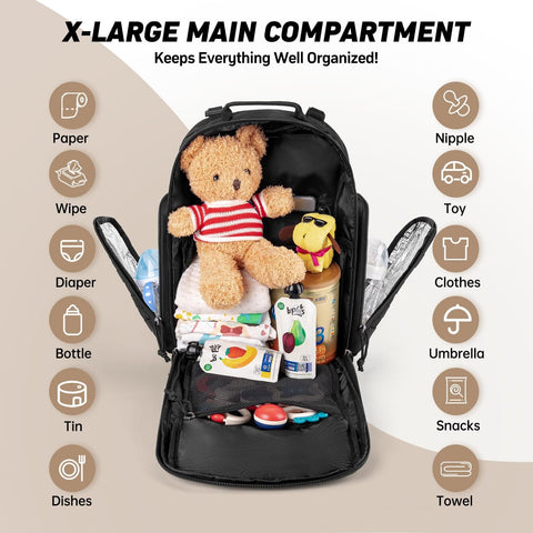 Military Style Dad Diaper Backpack With Changing Pad for Travel And Camping Trips Large Black Baby Bag with teddy and essentials