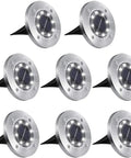 Solar Ground Lights 8 Pack Waterproof White LED Disk Landscape Lights arranged on white background