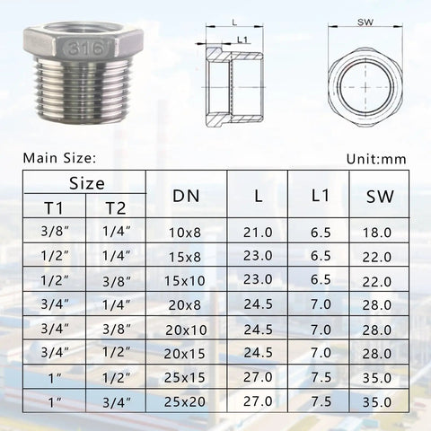 Stainless Steel Hex Bushing Reducer Half To Three Eighths NPT Male To Female Pipe Fitting Adapter size chart