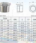 Rugged Stainless Steel Hex Bushing Reducer 3/4 To 1/2 NPT Pipe Fitting Adapter With Size Chart
