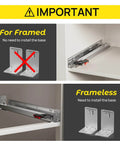 Diagram showing installation of bottom mount soft close drawer slides with full extension concealed rails for framed and frameless cabinets.