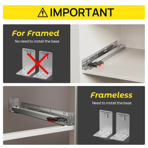 Diagram showing installation of bottom mount soft close drawer slides with full extension concealed rails for framed and frameless cabinets.
