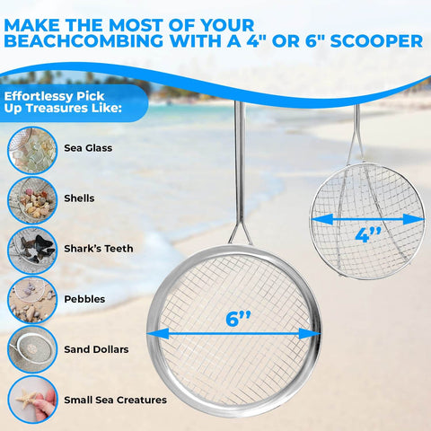 Beach Dipper Sifter Shovel For Beachcombing With 6 Inch Basket, showcasing sifting options for sea glass, shells, and shark teeth in use.