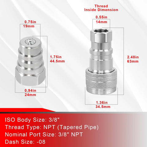 Hoqqf 2-pack 1/2'' NPT hydraulic quick-connect couplers with dust caps, ISO 5675 poppet-style, silver, front view