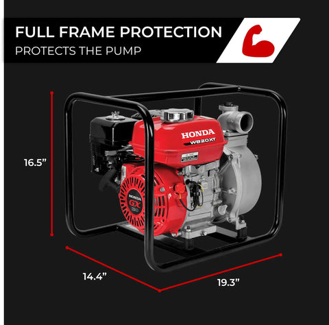 Top Shelf 2 Inch Gas Powered Water Pump Delivering A Badass 164 Gpm High Volume Flow with protective frame measurements.