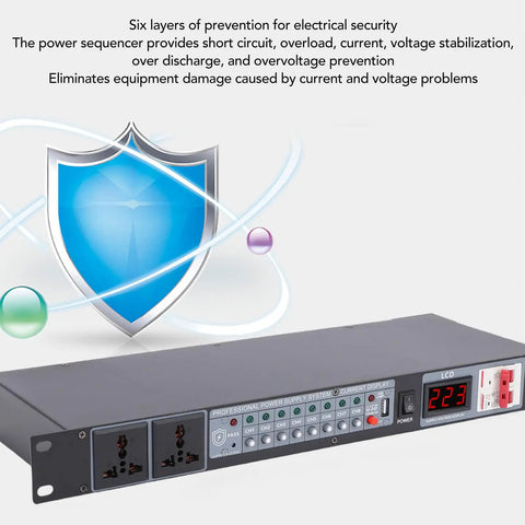 Kick Off And Power Down Your Stage Rig In Smooth Order Ten Outlet Audio Power Sequencer with digital voltage readout and dual outlets.