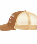 Side view of brown breathable tennis trucker cap for men with adjustable strap, lightweight, sporty streetwear style for workouts and travel.