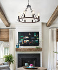 Black Wagon Wheel Light With Eight Lights Rustic Farmhouse Style Ceiling Pendant Outdoor Porch Lantern Durable Weatherproof LED Fixture For Patio Deck Or Garden hanging in living room