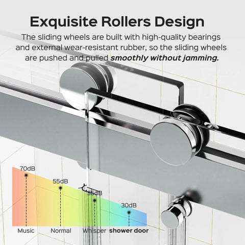Close-up of Frameless Double Sliding Shower Door With Adjustable Widths From 56 To 60 Inches Or 68 To 72 Inches, 10mm Tempered Glass rollers.