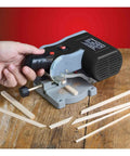Compact 7800 RPM Miter And Cut Off Saw Portable Power Tool for Wood Metal and Plastic on wooden table in use