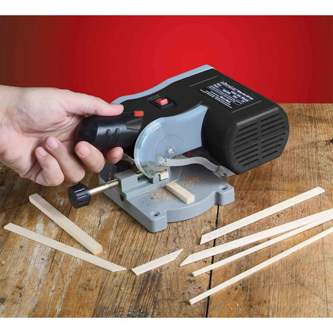 Compact 7800 RPM Miter And Cut Off Saw Portable Power Tool for Wood Metal and Plastic on wooden table in use