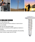 Self Drilling Screws With Round Washer Head In 304 Stainless Steel for wood and metal quick installation, rust resistant M4.8x19 fasteners kit for DIY repairs, outdoor furniture, marine applications, cabinets, fences and decks no pre drill needed, close-up image.