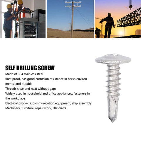 Self Drilling Screws With Round Washer Head In 304 Stainless Steel for wood and metal quick installation, rust resistant M4.8x19 fasteners kit for DIY repairs, outdoor furniture, marine applications, cabinets, fences and decks no pre drill needed, close-up image.