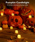 Flameless LED tea lights (24 pcs) glow around carved pumpkins on a wooden table for Halloween centerpiece