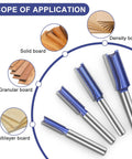 Heavy Duty Double Flute Straight Router Bit Set With 1/4 Inch Shank Carbide Tips displayed for cutting solid, granular, density, and multilayer boards.