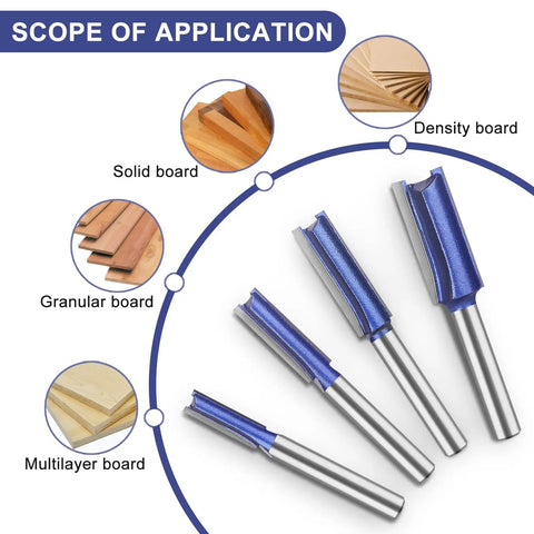 Heavy Duty Double Flute Straight Router Bit Set With 1/4 Inch Shank Carbide Tips displayed for cutting solid, granular, density, and multilayer boards.