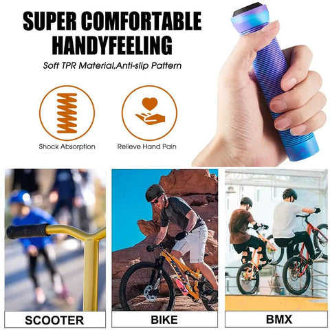 Hand holding Dope 145mm Soft TPR Scooter Grips with mixed color for scooters, BMX, and MTB, showcasing non-slip design