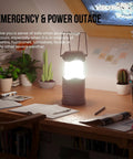 Front view of Lichamp LED camping lantern, gray, battery-powered, on a wooden desk beside plants